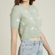 Pale Green Short-Sleeved Cardigan With Flowers