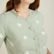 Pale Green Short-Sleeved Cardigan With Flowers