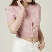 Light Pink Short-Sleeved Cardigan With Flowers