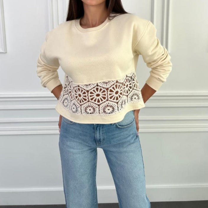 Crochet Detail Cream Sweatshirt